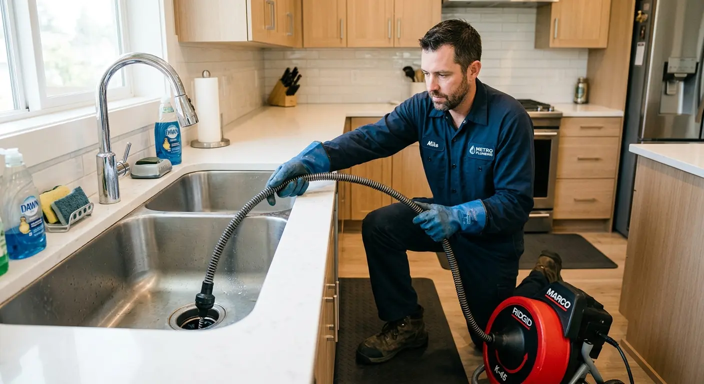 Drain cleaning technician using a motorized snake on a kitchen sink in Gadsden
