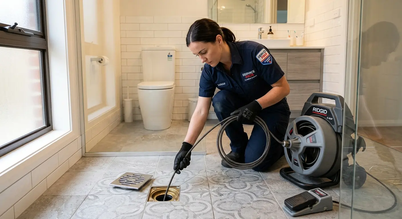 Technician clearing a bathroom floor drain for Sewer Line Installation in Gadsden